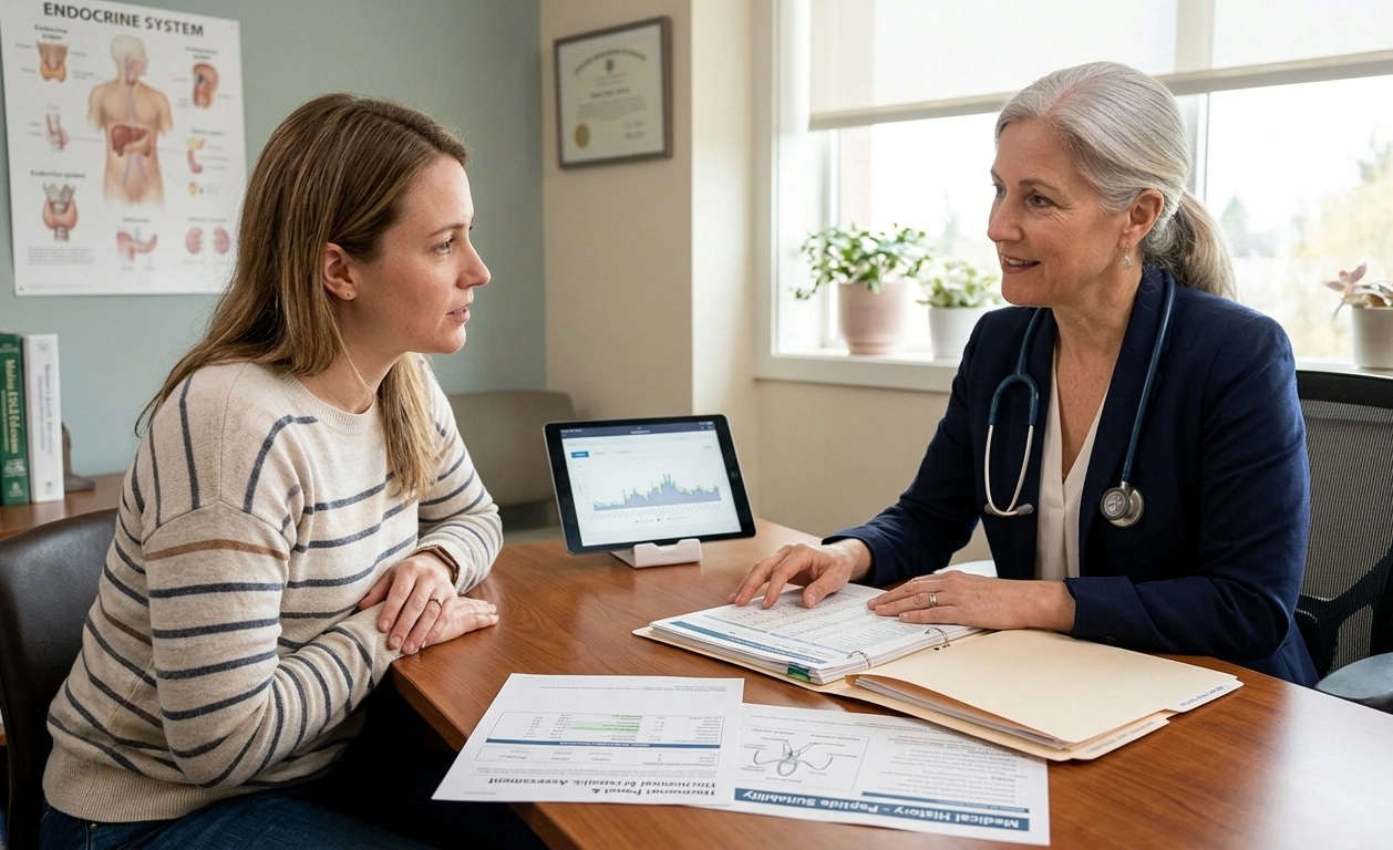 Consultation-style image, conveying individualized medical evaluation (before peptide therapy)